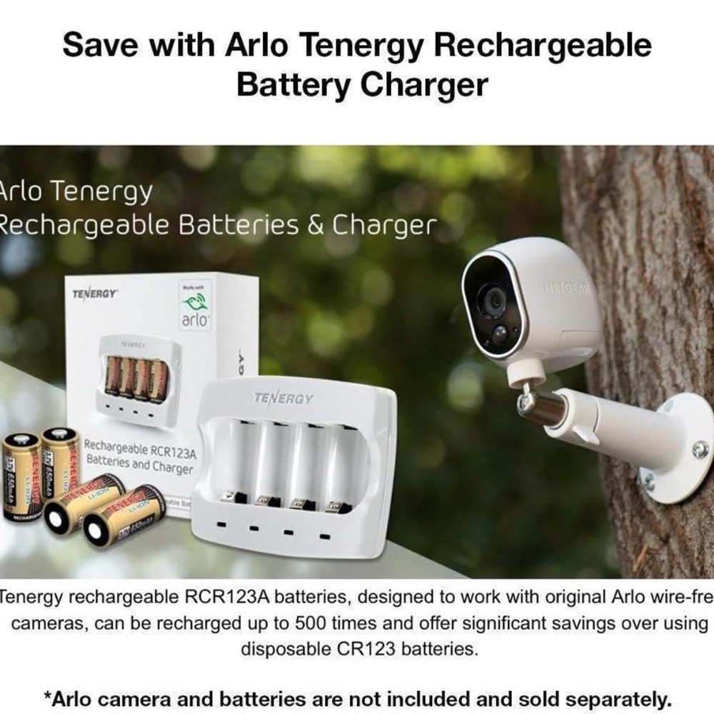 NEW Tenergy Rechargeable RCR123A Li-ion Batteries and Charger for Arlo 39560 NIB